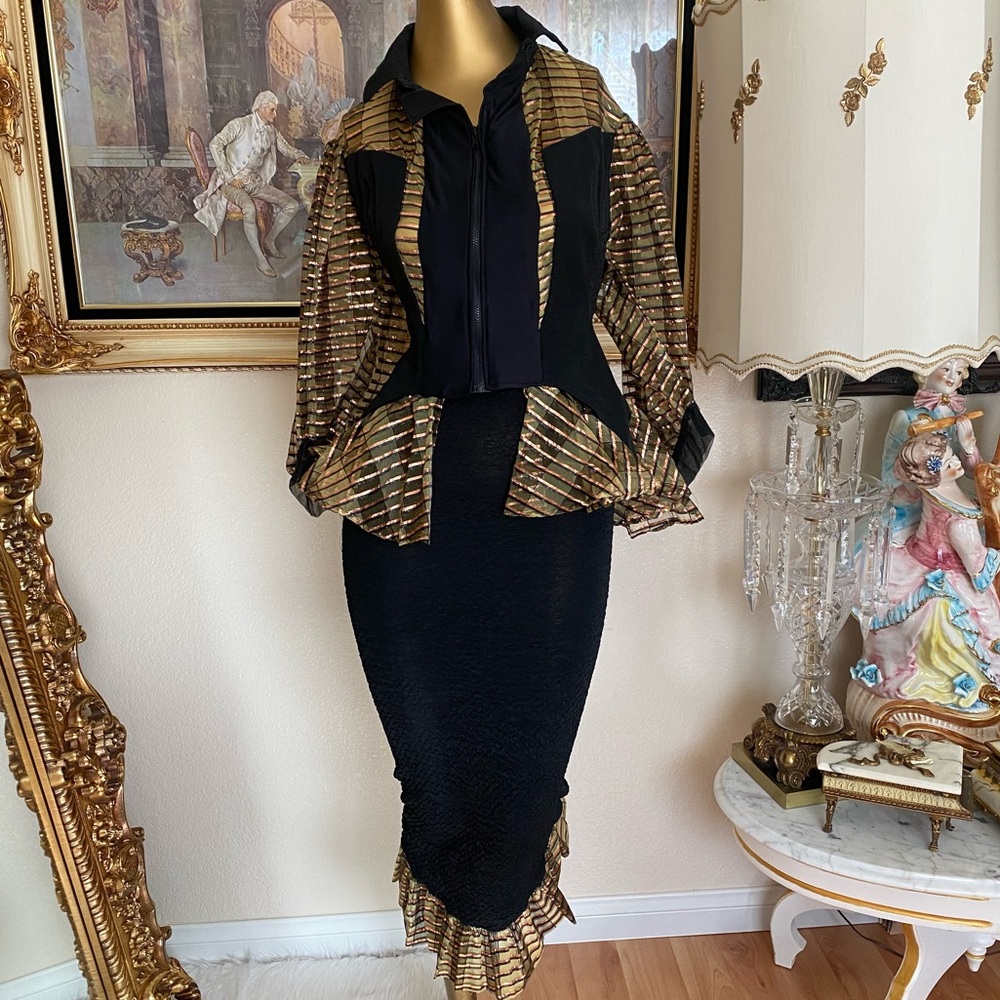 Black & Gold Peplum Pencil Skirt - Women